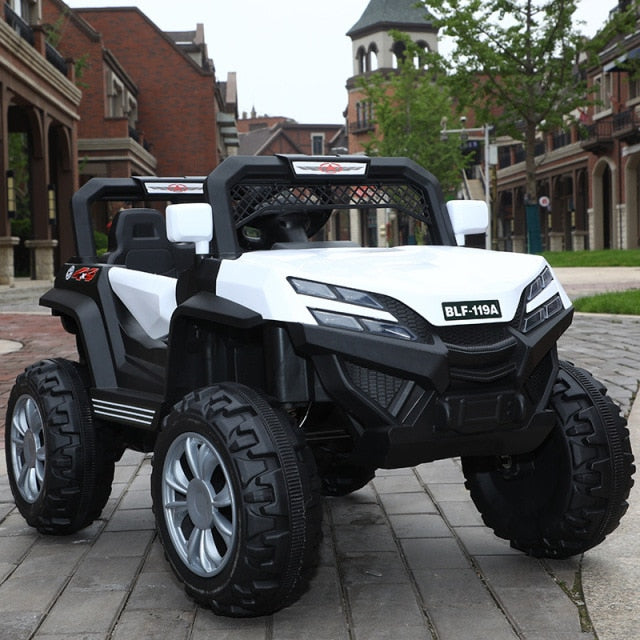 White and black remote control off-road car for children with special offer price on city street