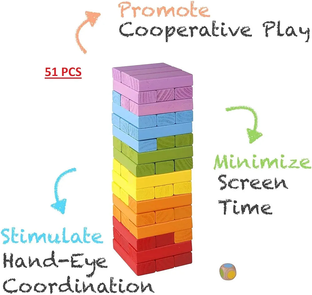 51 Pieces Wooden Stacking Board Games for Kids Adult and Families| Gentle | Balancing Building Blocks Game Toys with 1 Dice for Toddlers| Colored Building Blocks - Multi Color| Sams world š