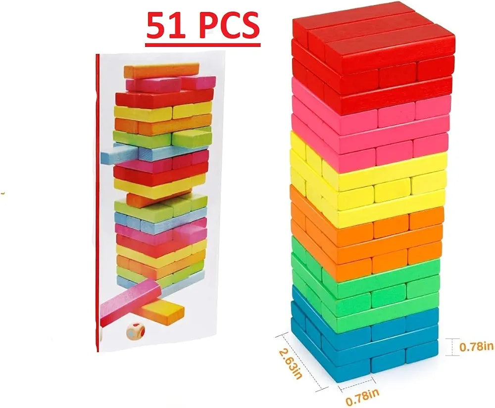 Buy 51 Pieces Wooden Stacking Board Games for Kids Adult and Families| Gentle | Balancing Building Blocks Game Toys with 1 Dice for Toddlers| Colored Building Blocks - Multi Color| Sams world š samstoy.inĀ Sams toy world shop in Ahmedabad GujaratĀ