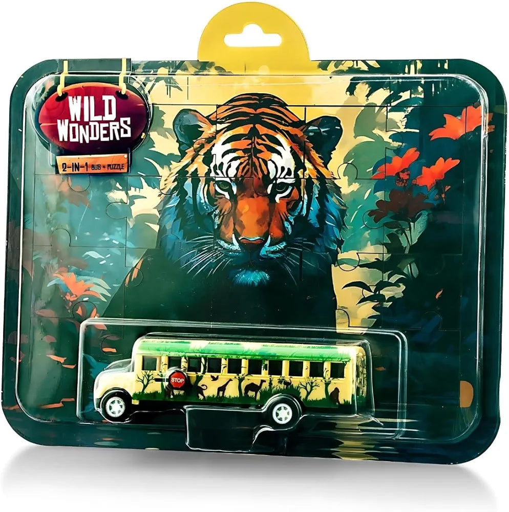 Play 2 in 1 Wild Wonders Comes with Jungle Bus and Jigsaw Puzzle | No Sharp Edges for 5 to 12 Years Kid |Best Gift for Kids| Design and Color Assorted|Sams world š