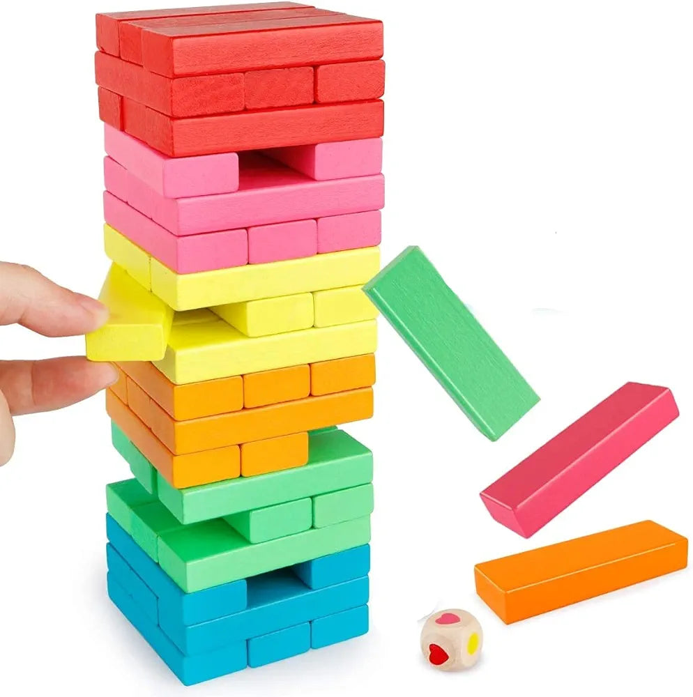 51 Pieces Wooden Stacking Board Games for Kids Adult and Families| Gentle | Balancing Building Blocks Game Toys with 1 Dice for Toddlers| Colored Building Blocks - Multi Color| Sams world š