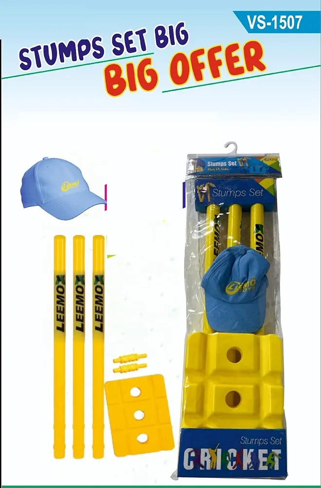 Buy Enterprise Heavy Plastic Cricket Large Stumps Set - 3 Stumps + 2 Bails + 1 Stand (Yellow)(Plastic Wicket Set) | Sams Toy world samstoy.in Sams toy world shop in Ahmedabad Gujarat