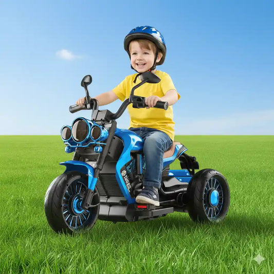 Rozar Kids Ride On EV Bike with Warranty for toddlers in blue color, designed for outdoor fun