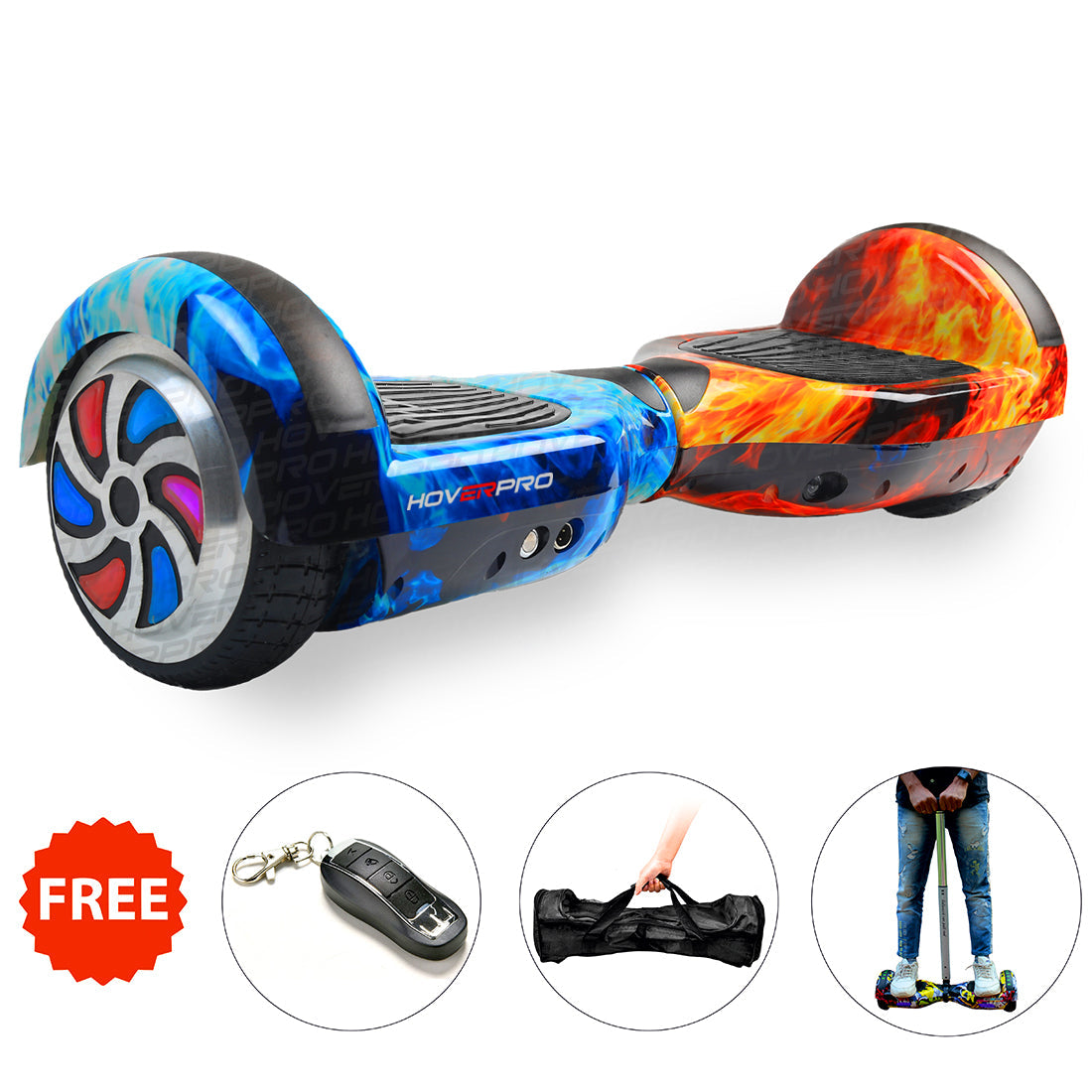 HoverPro hoverboard with remote in Ahmedabad Gujarat featuring blue and red flame design with rubber foot pads