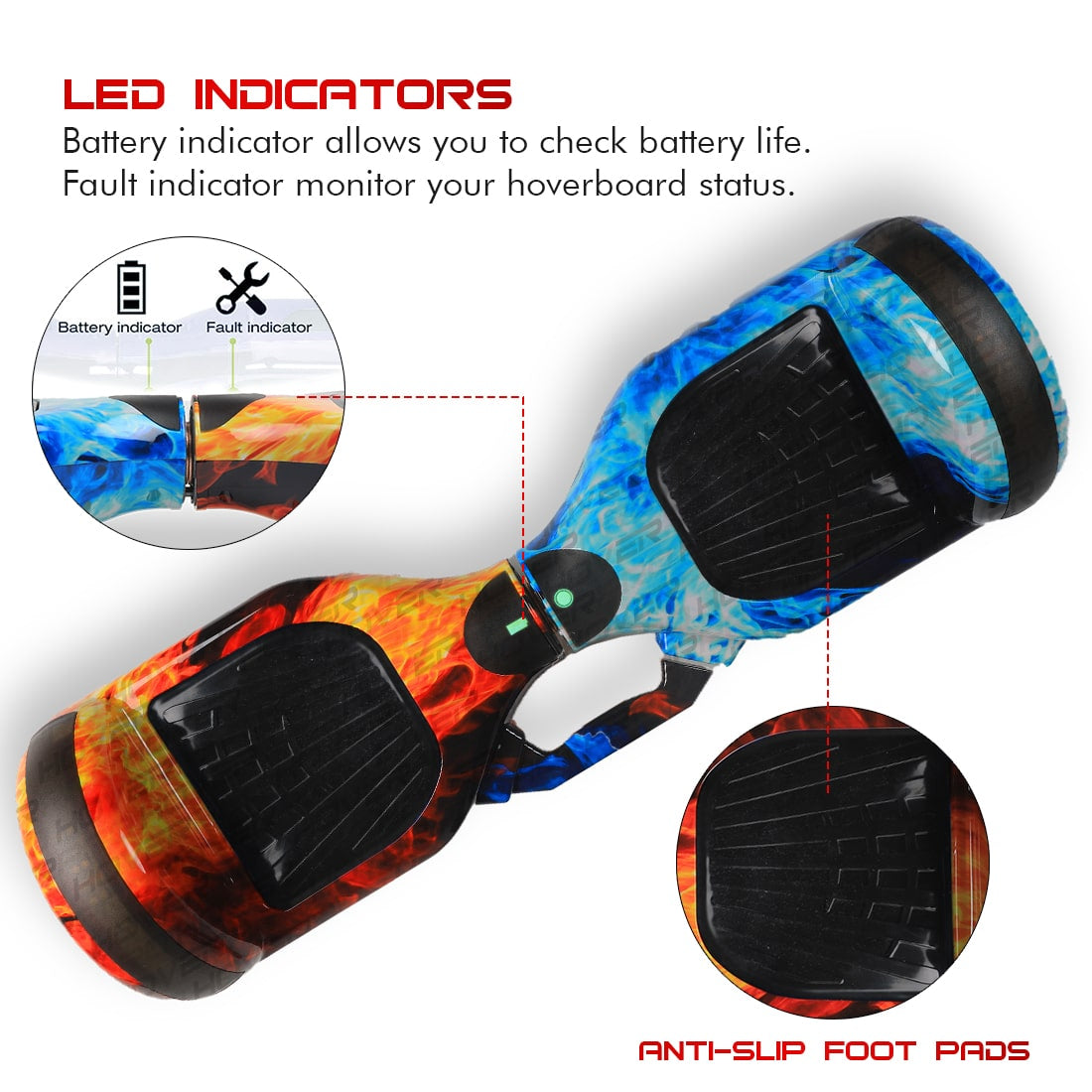 Blue and red flame design hoverboard with remote featuring LED battery and fault indicators with anti-slip foot pads hoverboard with remote in Ahmedabad Gujarat
