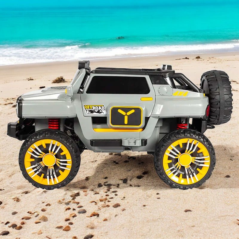 Remote control 3 seater jeep jumbo big size by Sam's Ahmedabad on sandy beach with large yellow and black wheels