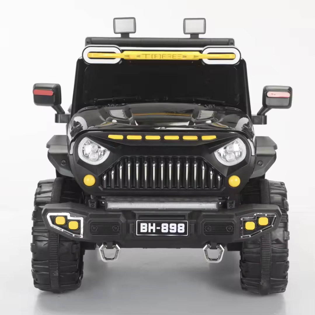 Black kids battery car with yellow accents front view buy kids battery car Ahmedabad Sam's online offer sale