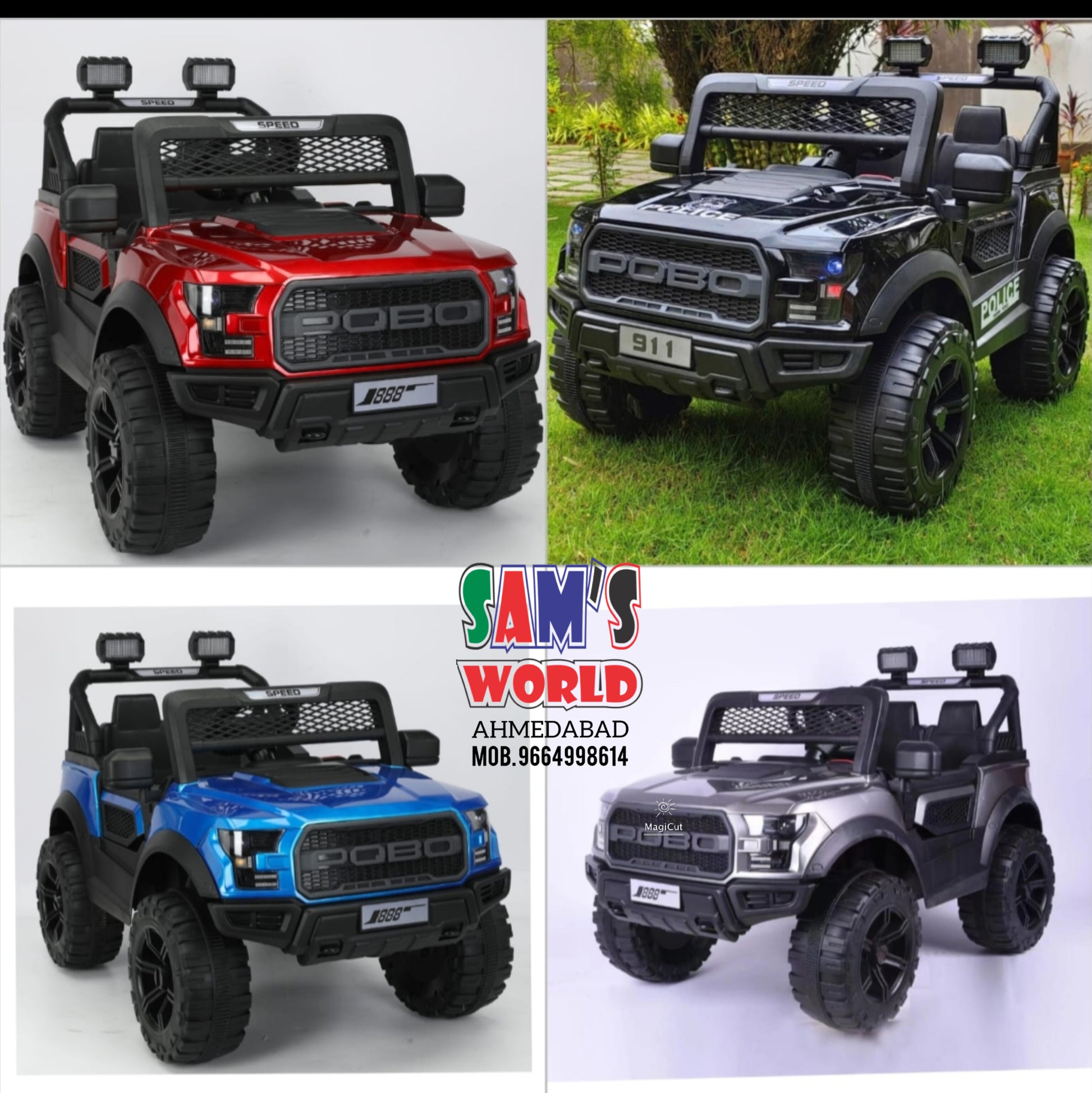 Red Pobo Kids Ride On Jeep 12V Make in Ahmedabad Gujarat by Sam's shown alongside blue, black, and gray ride on jeeps
