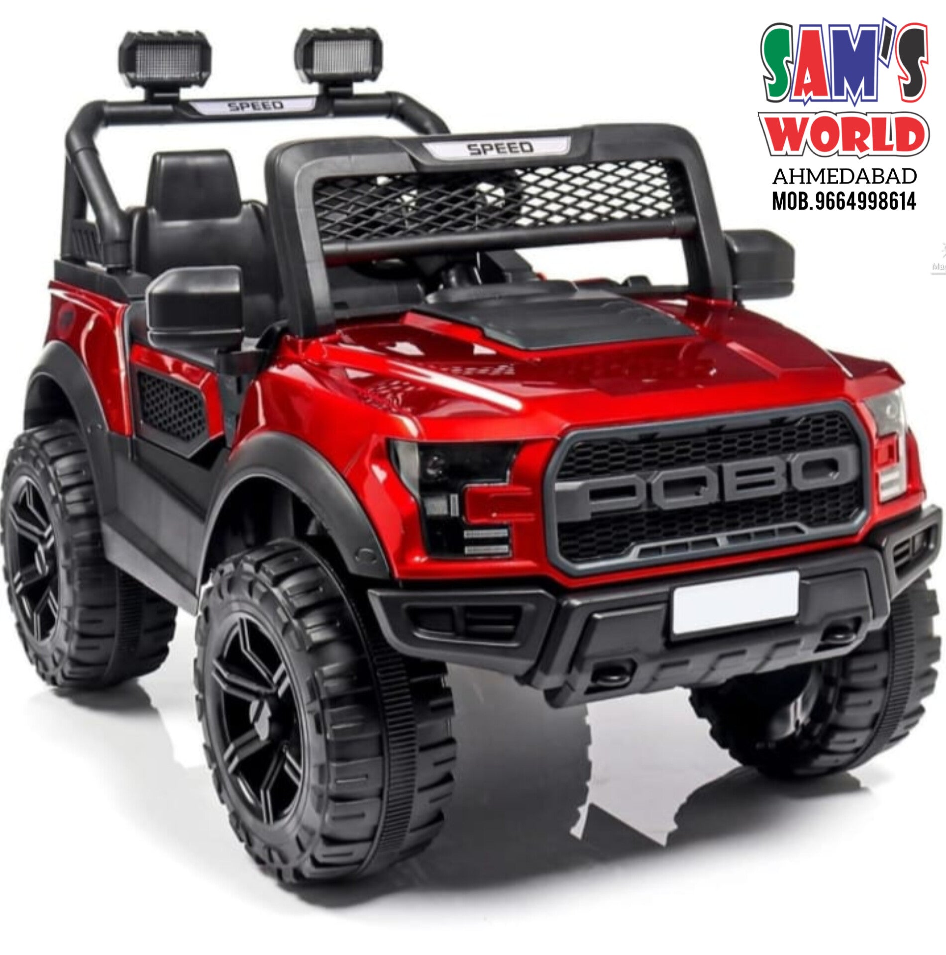 Red Pobo Kids Ride On Jeep 12V Make in Ahmedabad Gujarat by Sam's with rugged tires and detailed design