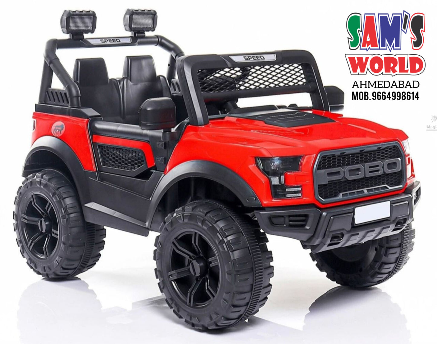 Red Pobo Kids Ride On Jeep 12V Make in Ahmedabad Gujarat by Sam's with large wheels and black seats
