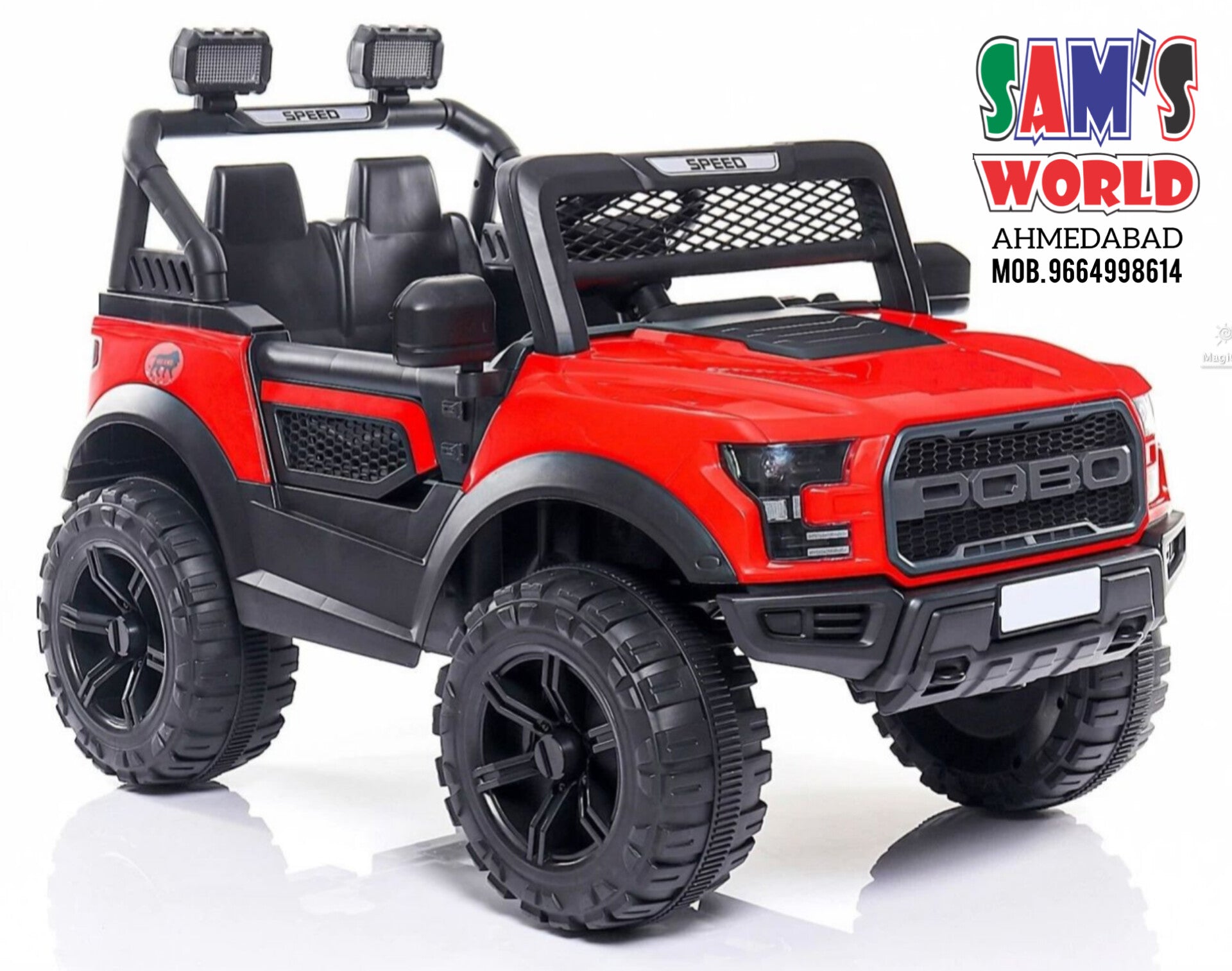 Red Pobo Kids Ride On Jeep 12V Make in Ahmedabad Gujarat by Sam's with large wheels and black seats