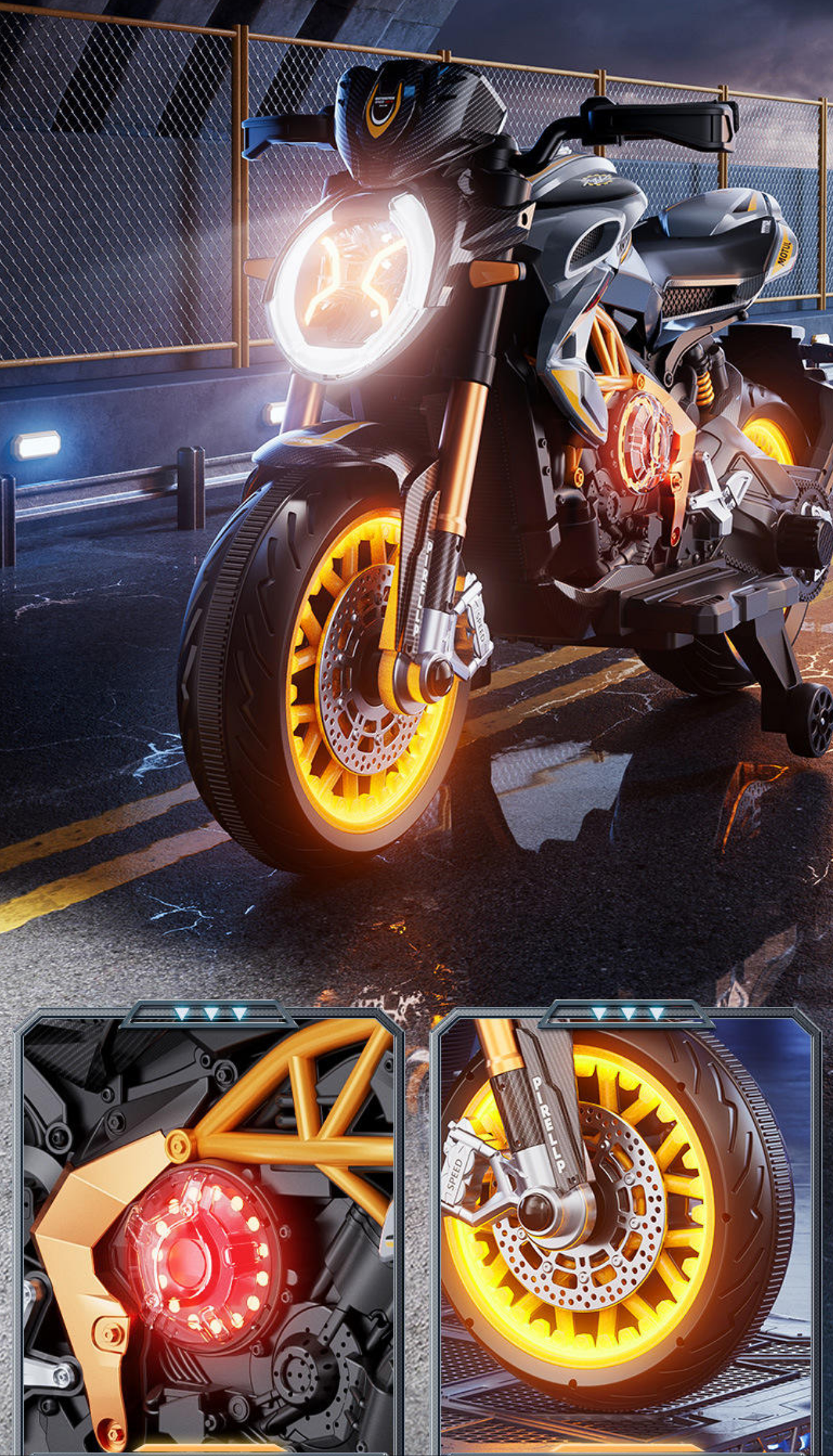 12V battery operated ride on bike for kids sams toy Ahmedabad black with glowing yellow wheels and detailed design