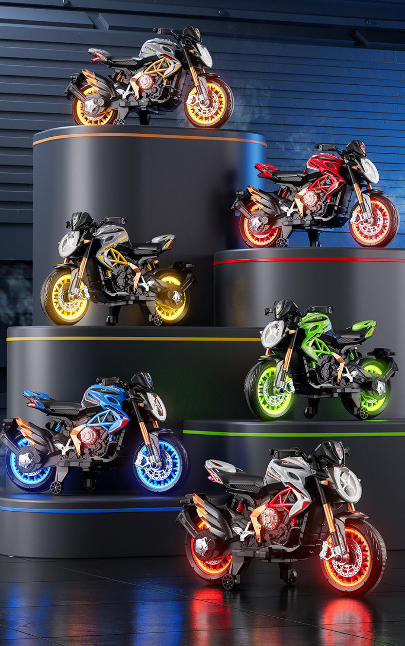 12V battery operated ride on bike for kids sams toy Ahmedabad in multiple colors displayed on black circular platforms