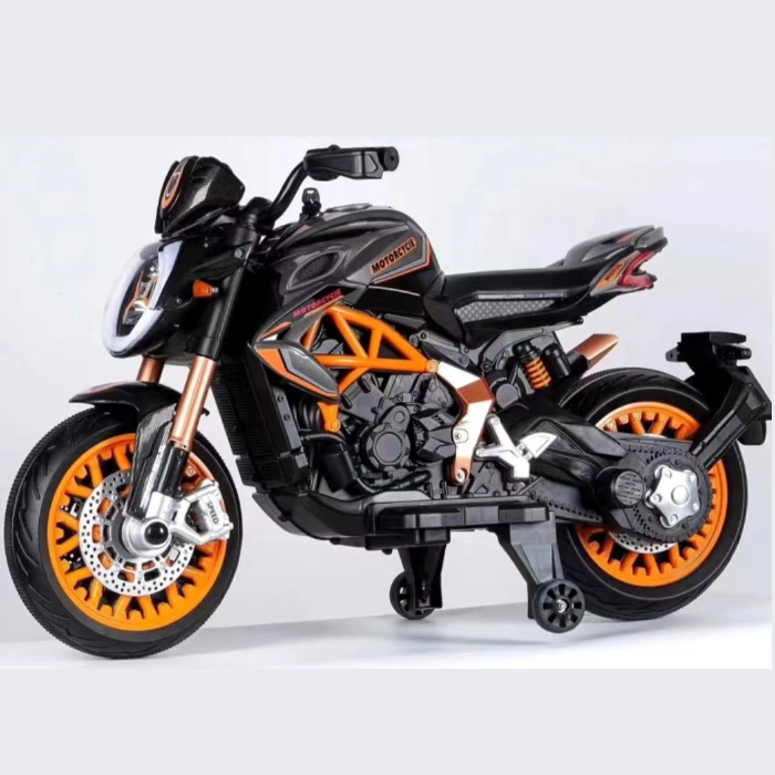 12V battery operated ride on bike for kids sams toy Ahmedabad in black with orange accents and training wheels