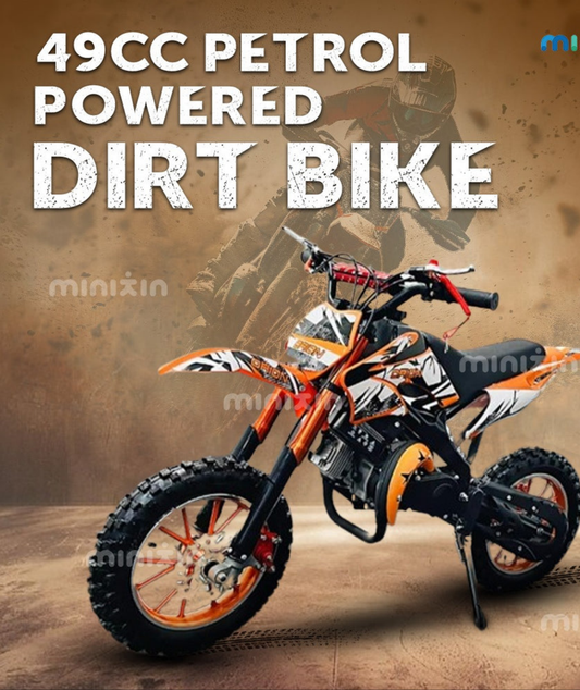 2-stroke petrol 49cc engine bike for kids Sam's Toy Ahmedabad dirt bike with knobby tires and orange black design