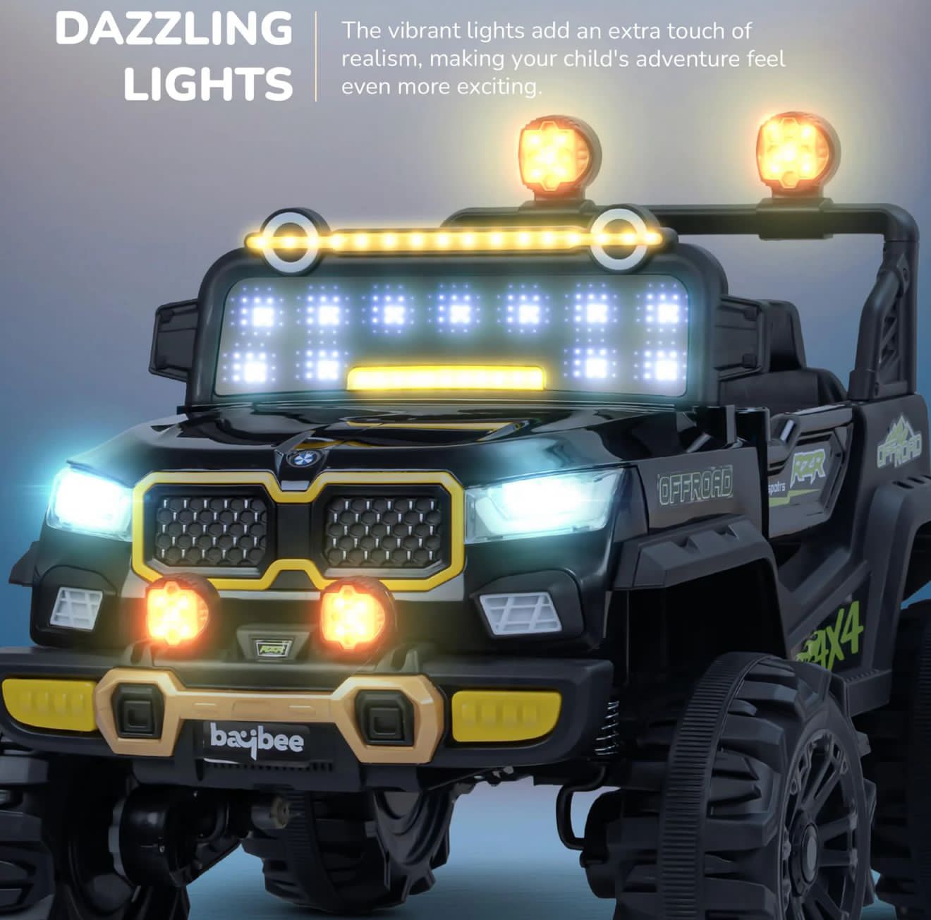 Rechargeable Ride-On Jeep for Kids with dazzling lights from sams toy, made in Ahmedabad Gujarat with 5 years warranty