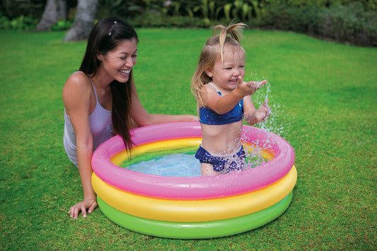Colorful pink and yellow 3 feet diameter inflatable water tub at Sam's Toy World Ahmedabad, perfect for kids to splash and play