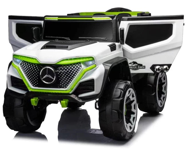 Battery operated jeep for kids Make in Ahmedabad by Sam's Toy World white and green electric riding vehicle with open doors
