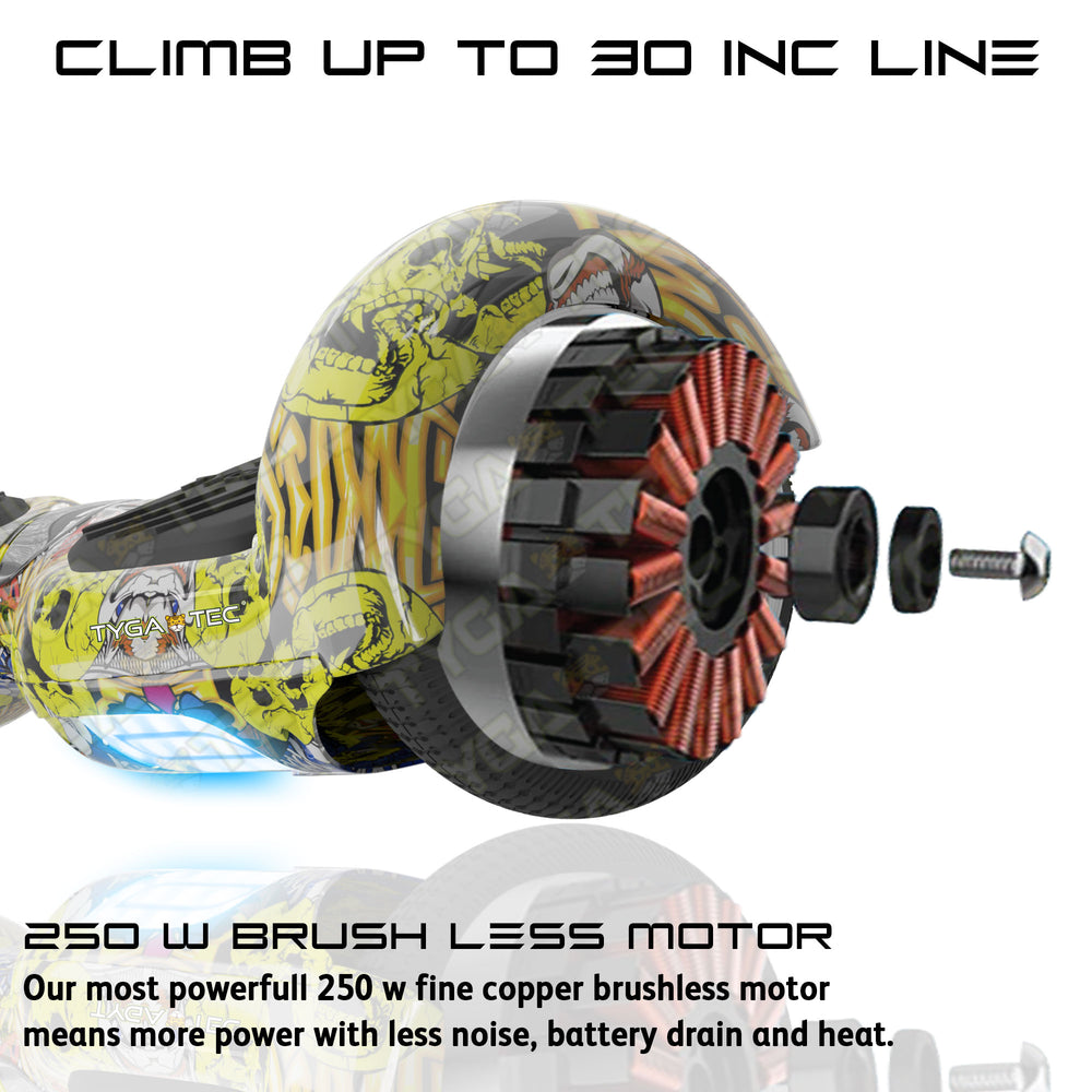 H6+ hoverboard with bag and Bluetooth Sam's Toy World Ahmedabad showing close-up of brushless motor and yellow graphic design