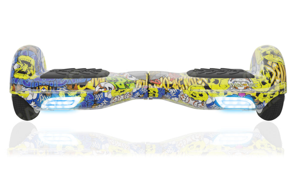 H6 hoverboard with colorful graffiti design LED lights and black foot pads H6+ hoverboard with bag and Bluetooth Sam's Toy World Ahmedabad