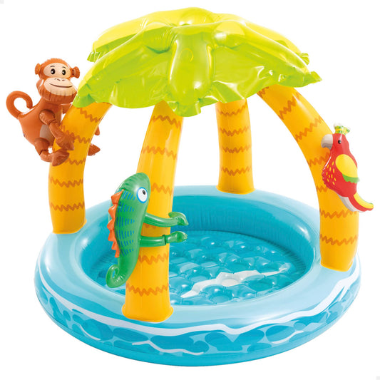 Colorful inflatable baby pool with shade by Sam's Toy World Ahmedabad, featuring playful animal designs for outdoor fun