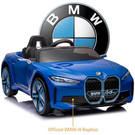 Blue kids car from Sam's Toy World Ahmedabad Gujarat, official BMW i4 replica, front view for outdoor fun