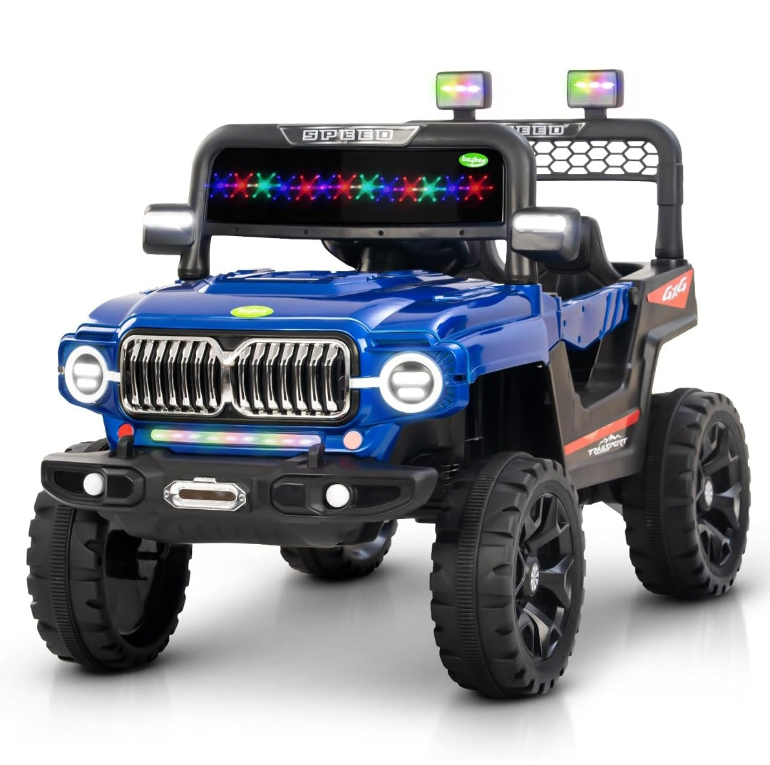 Blue kids electric car Ahmedabad model 6699 make by Sam's Toy World with LED lights and rugged black wheels