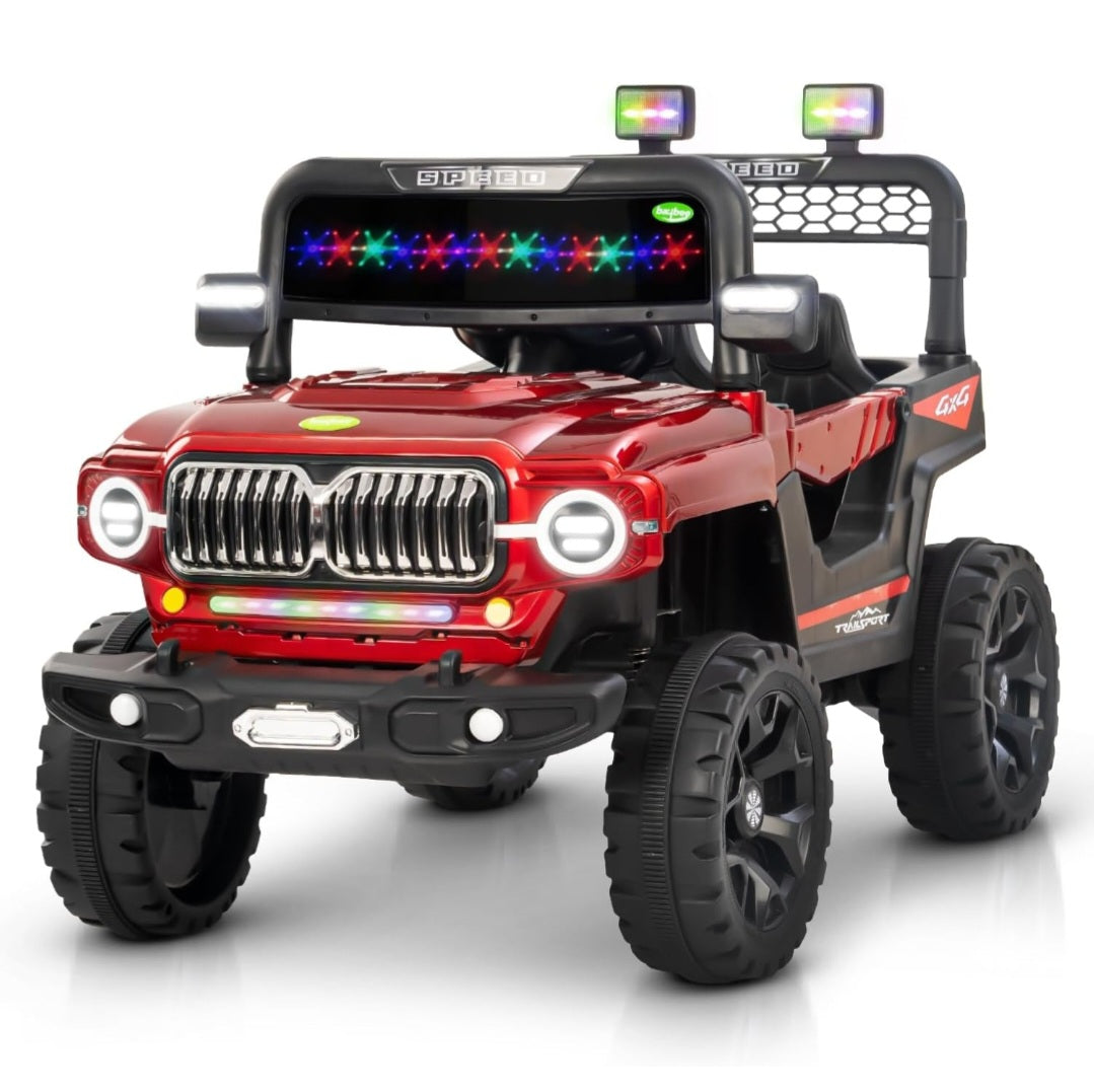 Red kids electric car Ahmedabad model 6699 make by Sam's Toy World with LED lights and rugged wheels