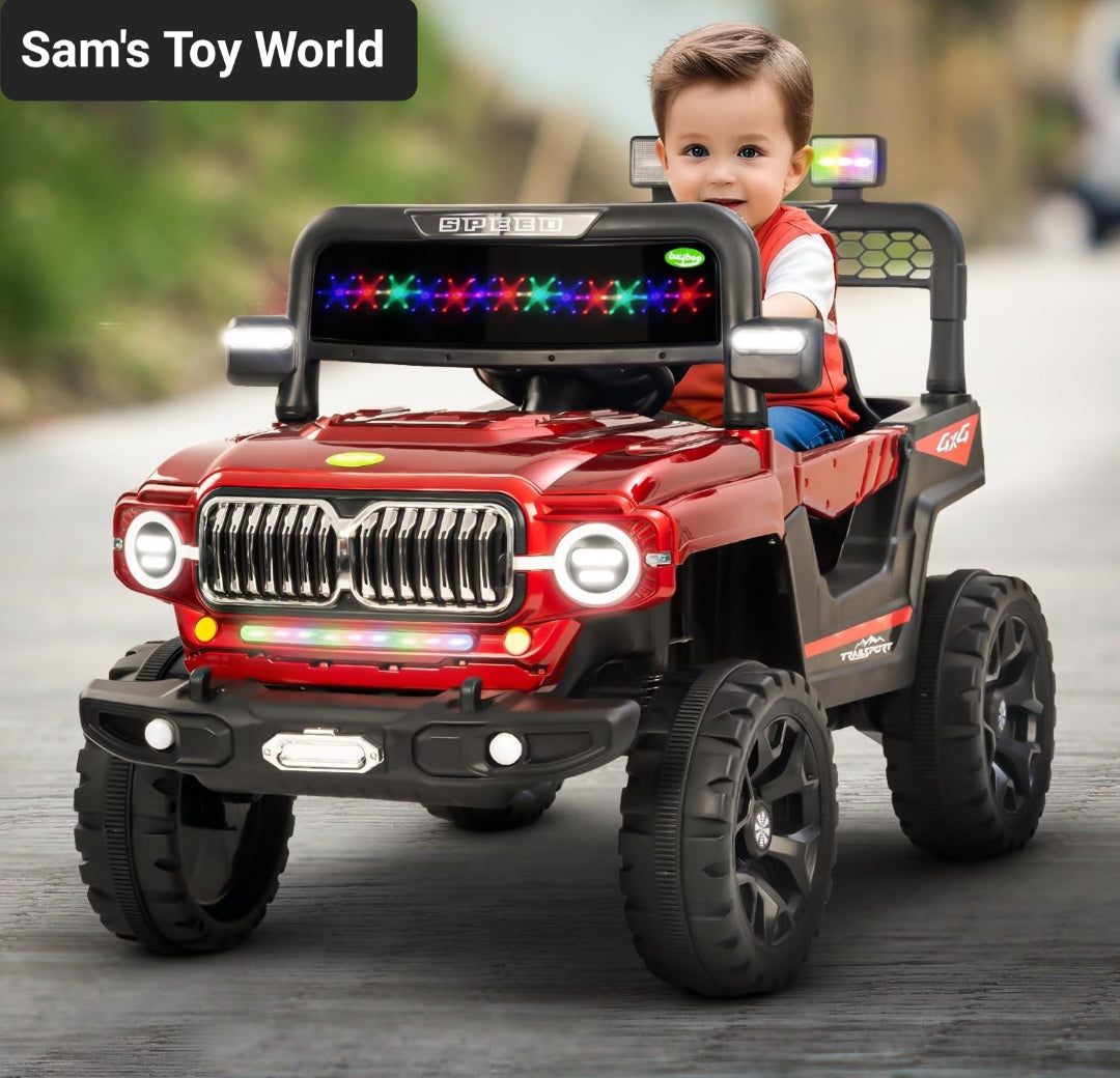 Kids electric car Ahmedabad model 6699 make by Sam's Toy World with a child riding a red toy jeep on road