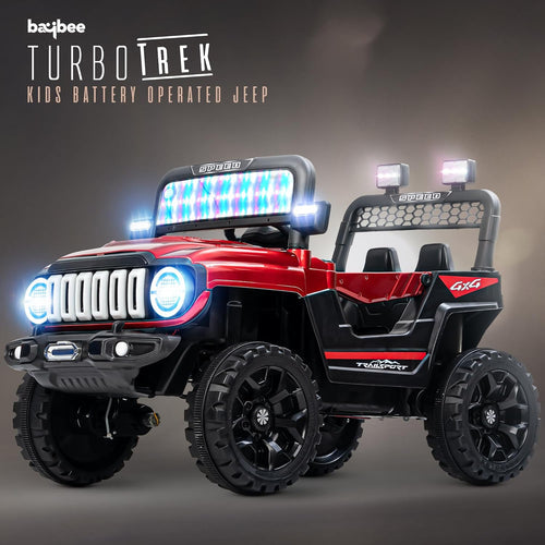Red Kids Ride on Car for kids, Rechargeable jeep with remote and self drive features from Sams Toy World, Made in Amdavad Gujarat