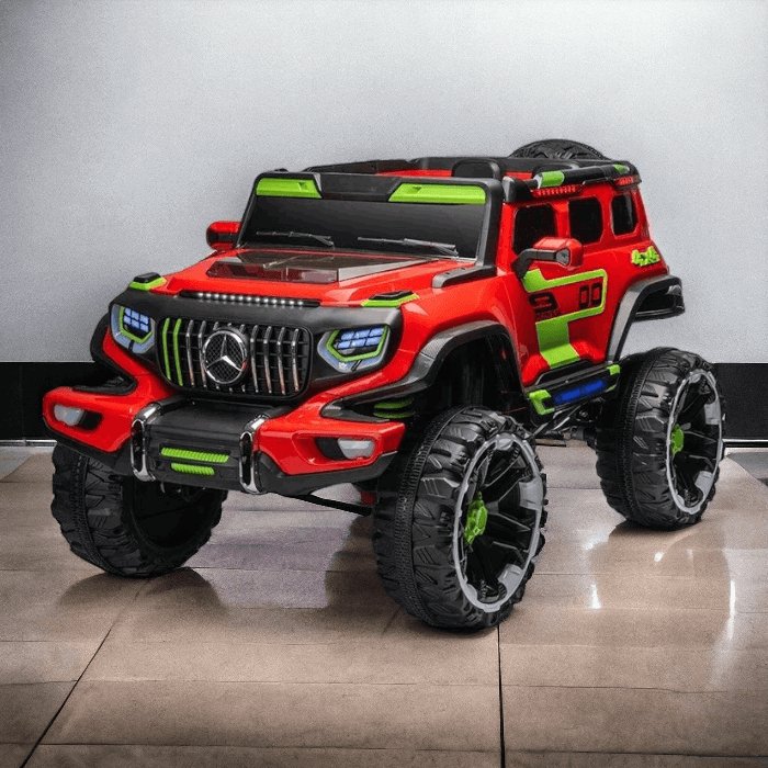 Red and green ride on toy car resembling an off-road vehicle from Sam's Toy World ride on toys with warranty online shopping
