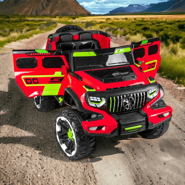Red and black electric ride on toy car for kids with open doors on a dirt road Sam's Toy World ride on toys with warranty online shopping