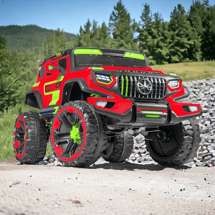 Sam's Toy World ride on toys with warranty online shopping featuring a red and green off-road toy car with large wheels
