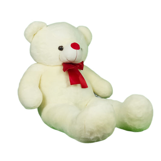 Soft white plush teddy bear with red nose and bow from Sam's Toy World teddy bear sale Ahmedabad