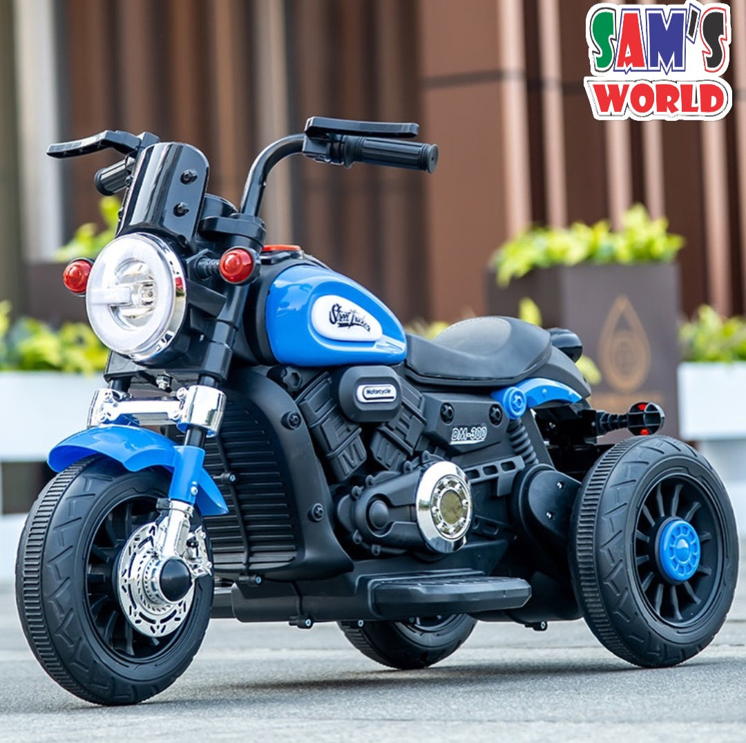 Blue 3 wheel sports bike for children 1 to 7 years with realistic motorcycle design and sturdy wheels