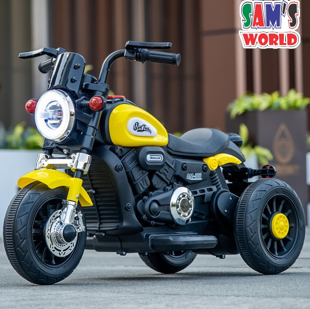 Black and yellow 3 wheel sports bike for children 1 to 7 years with realistic motorcycle design
