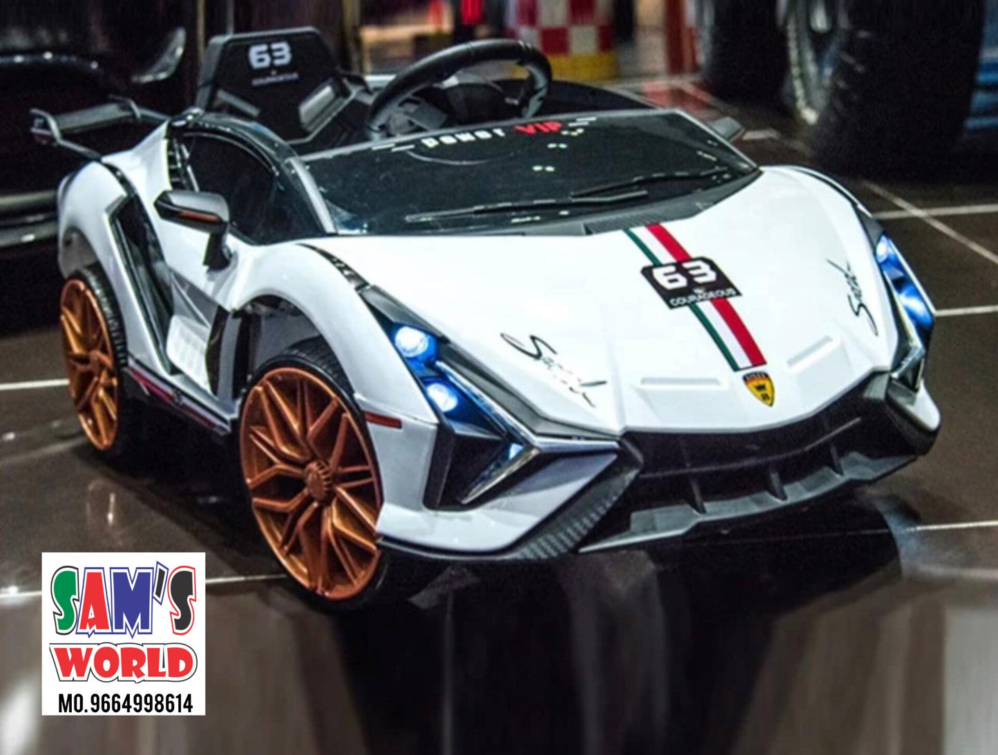 White battery operated kids battery operated car Lamborghini with orange wheels and racing stripe