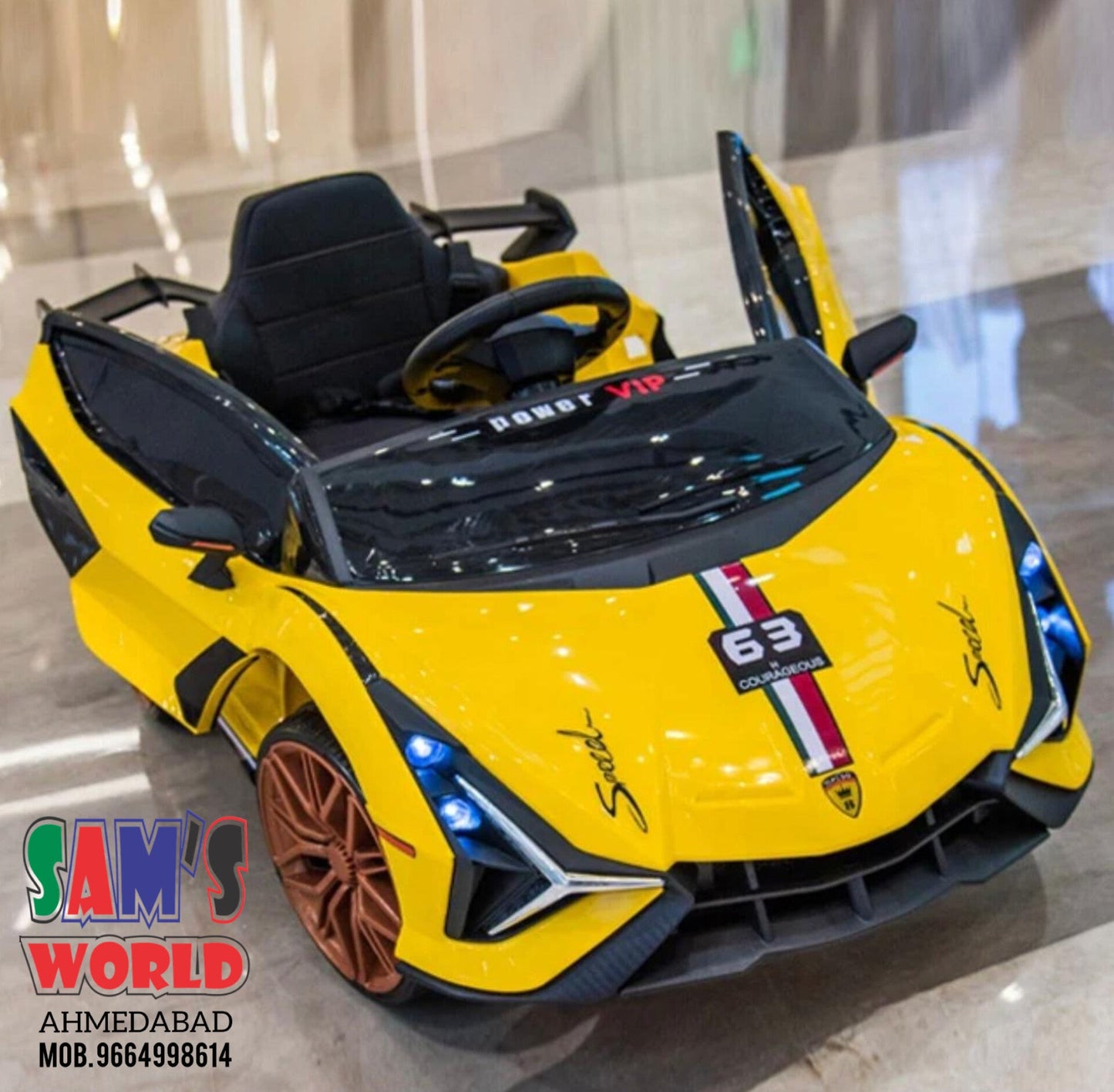Yellow battery operated kids battery operated car Lamborghini with black interior and detailed design