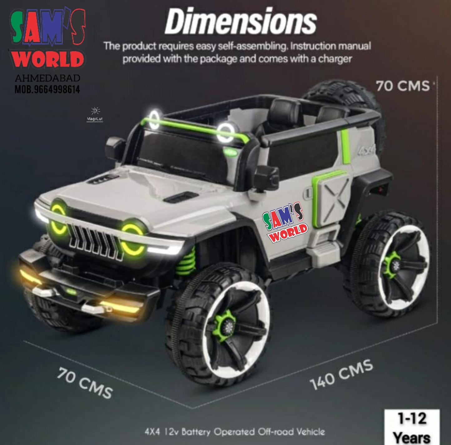 Buy heavy battery super jumbo jeep WN-1166 for children India with 4x4 off-road design and LED lights