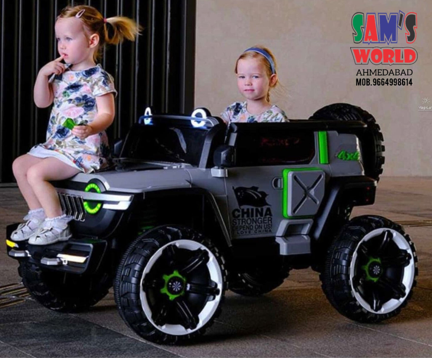 Buy heavy battery super jumbo jeep WN-1166 for children India with black and green toy car and two kids