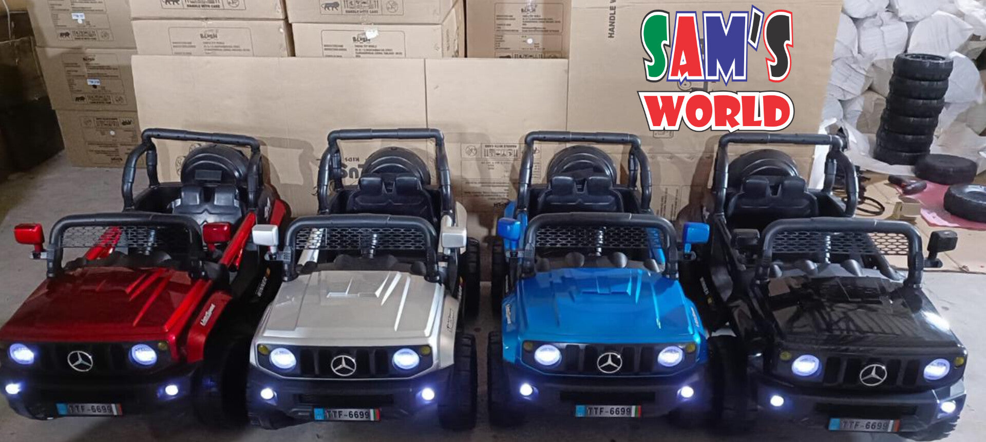 Kids' ride on vehicle Ahmedabad for 1 To 6 years kids in red white blue and black colors with Mercedes design