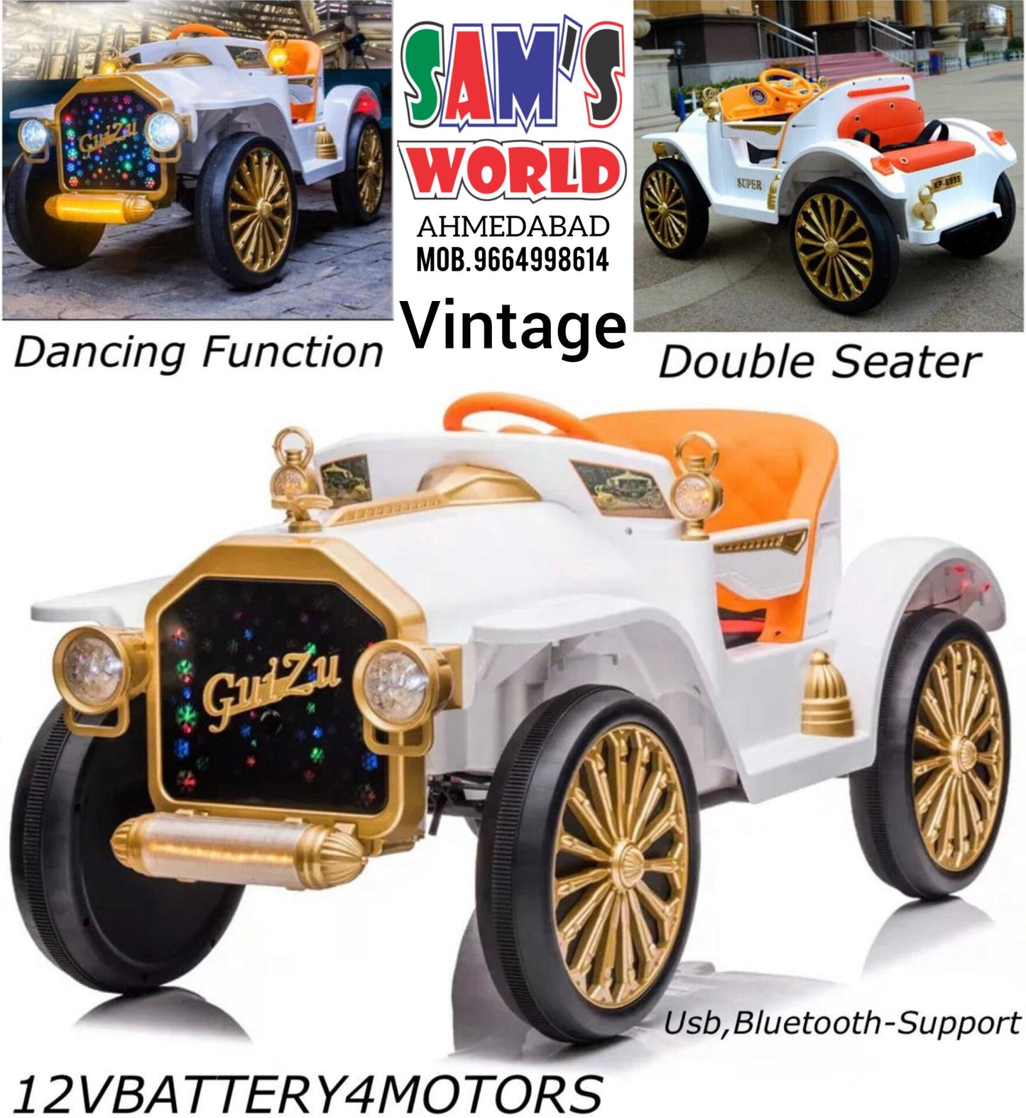 White vintage Mercedes ride on car for kids battery operated in Gujarat double seater with gold wheels