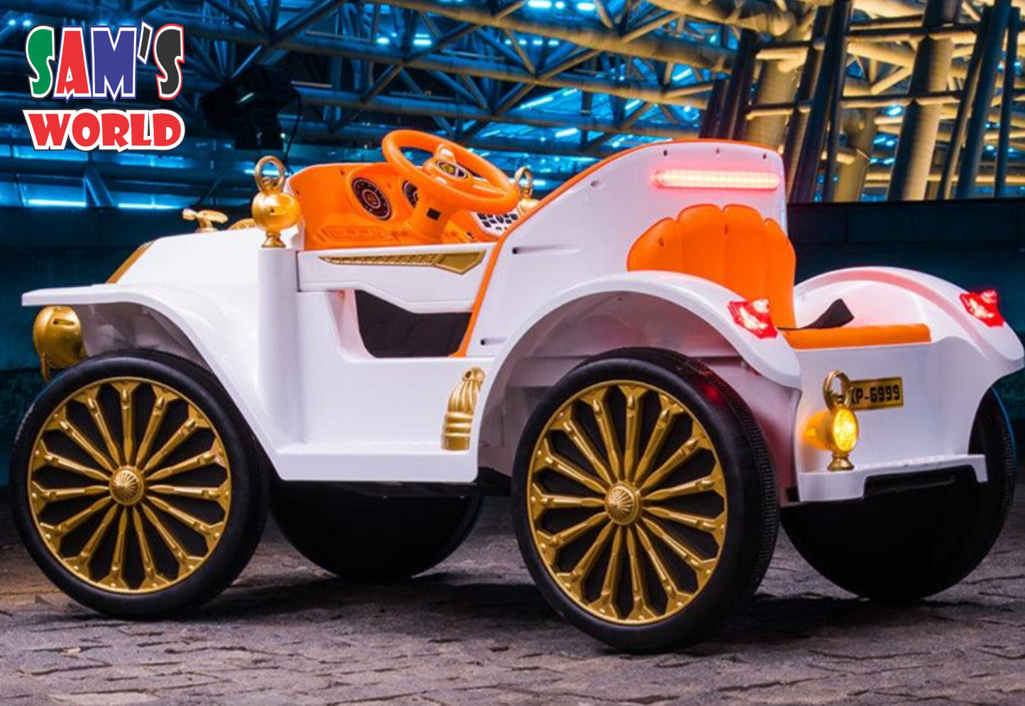 White vintage Mercedes ride on car for kids battery operated in Gujarat with gold wheels orange seat and steering