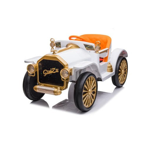 White and gold vintage Mercedes ride on car for kids battery operated in Gujarat . Retro toy with orange seat
