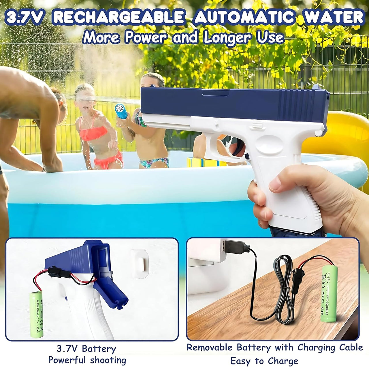 Blue automatic water gun with rechargeable battery, designed for continuous spray water blaster for holi gun at samstoy.in
