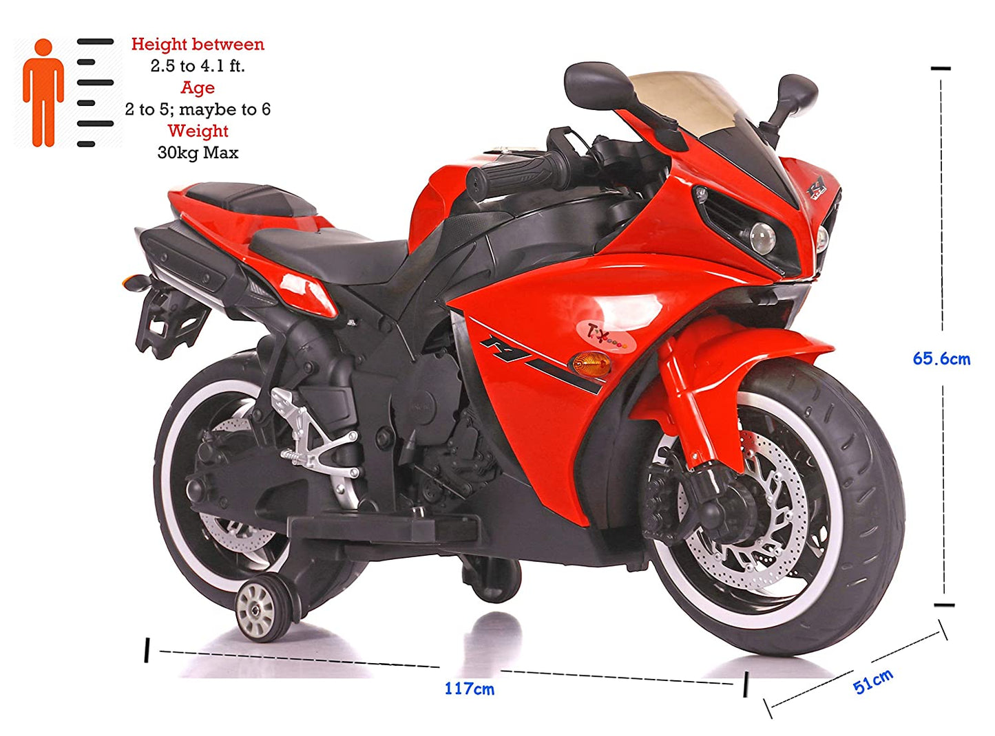 Kids toy bike with LED lights and training wheels R1 Bike at samstoy.in in bright red color