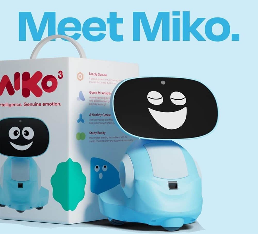 Miko 3 educational AI robot for kids in Sam's Toy Ahmedabad shown with packaging and smiling digital face