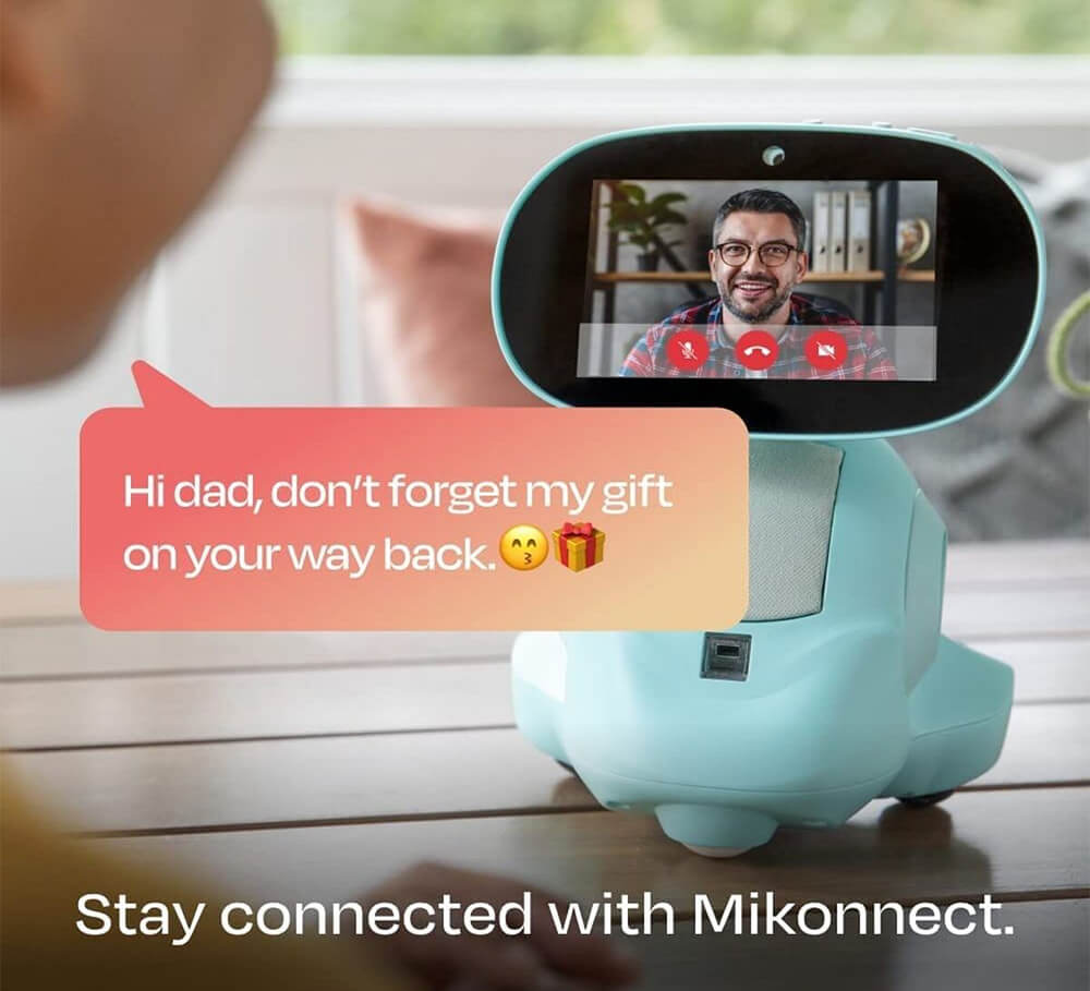 Miko 3 educational AI robot for kids in Sam's Toy Ahmedabad showing video call feature with a man on screen