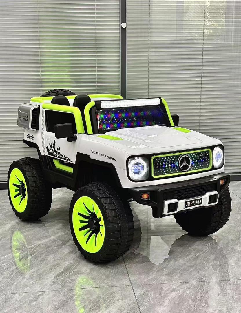 Luxury battery Operated Ride-On Car for Children Ahmedabad in white and neon green with large wheels and headlights