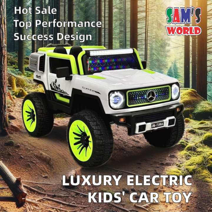Luxury battery Operated Ride-On Car for Children Ahmedabad in white and green with large tires by samstoy.in
